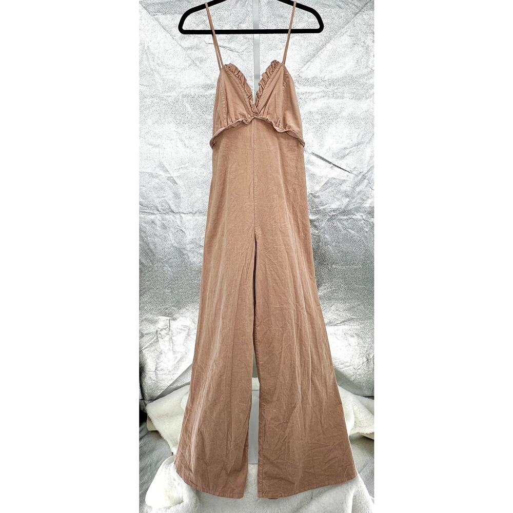 Free People Movement Corduroy Ruffle Jumpsuit Wide Leg Taupe Made USA Small